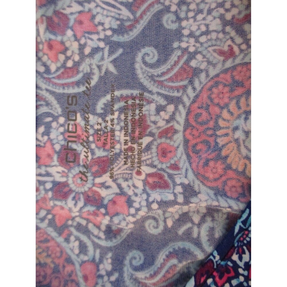 Chico's Knit Women's Top Size 2 Short Sleeve Multicolored Paisley Round Neck - Picture 3 of 5